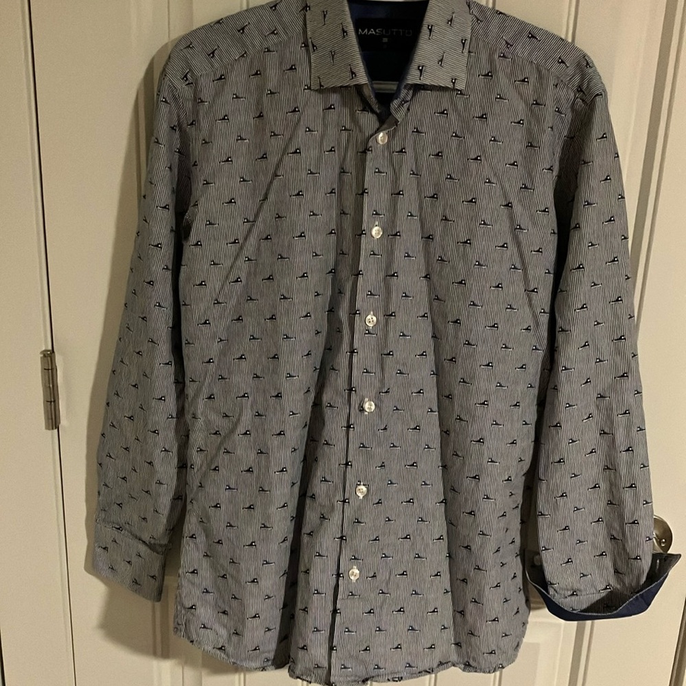 MASUTTO Shirt Collared Button-Up Long Sleeve NAVY Print S